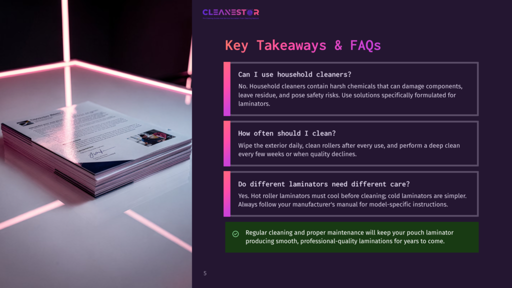 5 Key Takeaways And Faqs 19 A Stack Of Documents And A Brochure On A Table, Illuminated By Pink Neon Lights, With Text Overlays Detailing &Quot;Key Takeaways &Amp; Faqs&Quot; About Cleaning Household Cleaners And Laminators.