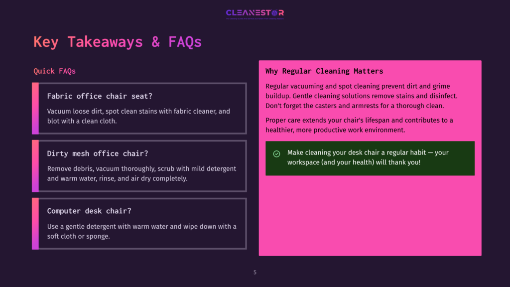 5 Key Takeaways And Faqs 20 Presentation Slide Titled &Quot;Key Takeaways &Amp; Faqs&Quot; With Sections On &Quot;Quick Faqs&Quot; And &Quot;Why Regular Cleaning Matters,&Quot; Offering Advice On Cleaning Office Chairs And Desks.