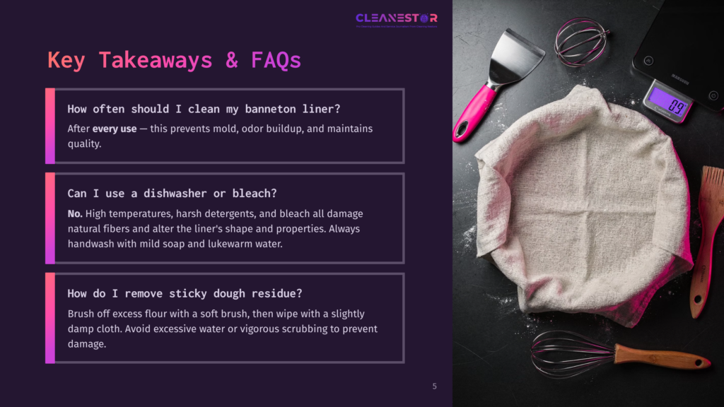 5 Key Takeaways And Faqs 3 A Dark, Moody Kitchen Scene With Baking Tools And A Clean Basket Liner. Includes A Digital Scale, Whisk, Dough Scraper, And Linen, With Text About Cleaning Baking Supplies.