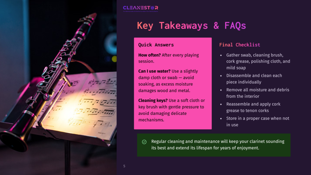 5 Key Takeaways And Faqs 4 A Close-Up Of A Clarinet Resting On Sheet Music On A Stand, With Text Overlay About Cleaning And Maintenance Tips.