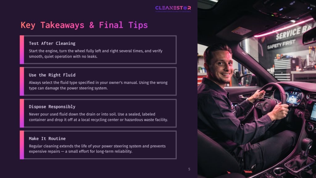 5 Key Takeaways And Final Tips A Smiling Man In A Black Shirt And Safety Vest Sits In The Driver'S Seat Of A Car, Holding The Steering Wheel. The Car'S Interior Is Visible, Along With A &Quot;Service Ba&Quot; Sign In The Background. Text On The Left Reads: &Quot;Key Takeaways &Amp; Final Tips,&Quot; With Bullet Points On Cleaning And Maintenance.