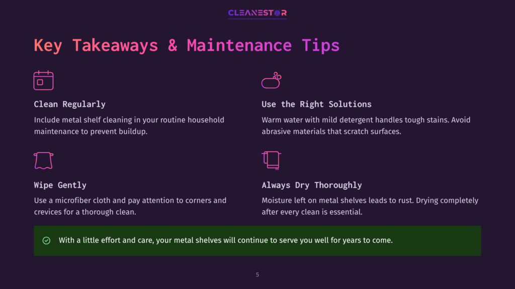 Cleanestor Logo And &Quot;Key Takeaways &Amp; Maintenance Tips&Quot; Text. Below, Icons And Text Detail How To Clean Metal Shelves Regularly, Use The Right Solutions, Wipe Gently, And Dry Thoroughly.