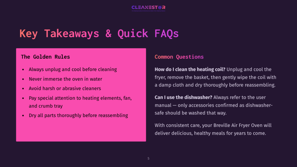 Cleanestor Air Fryer Cleaning Guide: Key Takeaways &Amp; Quick Faqs, Including Rules Like &Quot;Always Unplug And Cool Before Cleaning&Quot; And Common Questions About Cleaning The Heating Coil And Dishwasher Safety.
