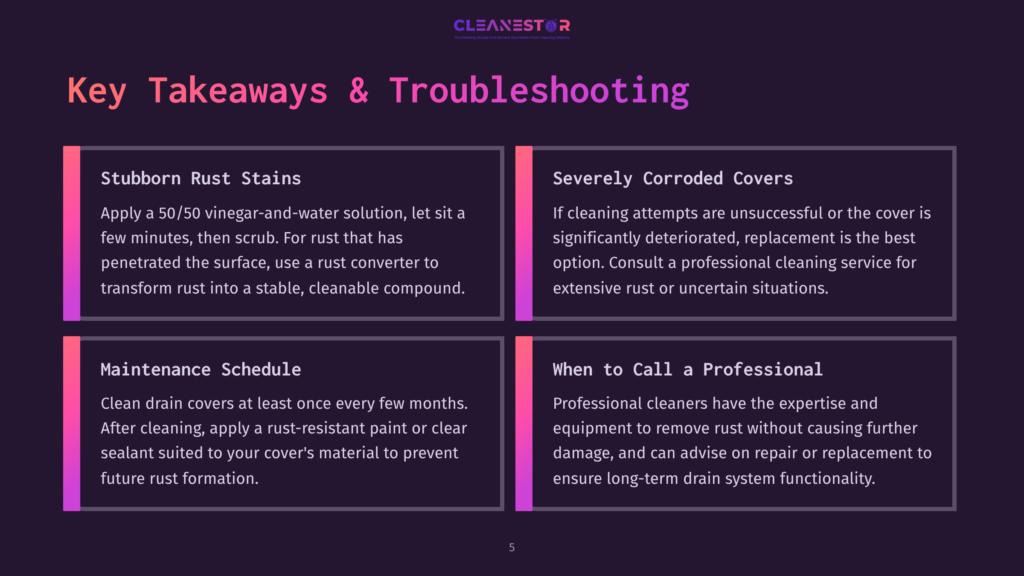 Infographic With Four Panels Titled &Quot;Stubborn Rust Stains,&Quot; &Quot;Severely Corroded Covers,&Quot; &Quot;Maintenance Schedule,&Quot; And &Quot;When To Call A Professional,&Quot; Offering Cleaning Tips And Advice.