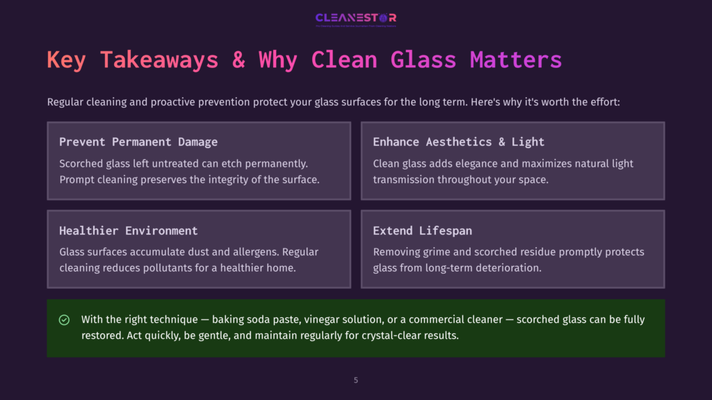 Cleanestor Logo With The Text &Quot;Key Takeaways &Amp; Why Clean Glass Matters&Quot; On A Dark Purple Background. Four Panels Detail Benefits: Prevent Permanent Damage, Enhance Aesthetics &Amp; Light, Healthier Environment, And Extend Lifespan. A Green Checkmark With Text About Cleaning Solutions Is At The Bottom.
