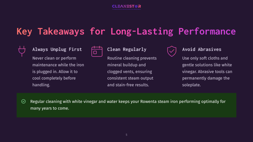 Key Takeaways For Long-Lasting Performance: Always Unplug First, Clean Regularly, Avoid Abrasives. Includes Icons And Text On A Dark Background, Detailing Steam Iron Maintenance Tips.