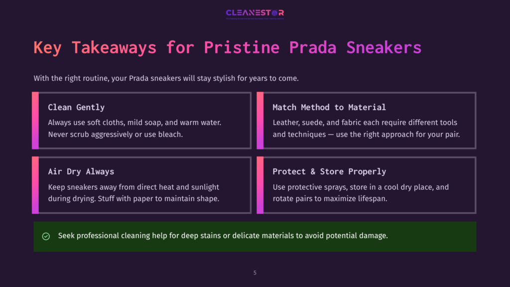 Key Takeaways For Pristine Prada Sneakers: Clean Gently With Soft Cloths And Warm Water, Match Method To Material For Leather, Suede, And Fabric, Air Dry Away From Heat And Sunlight, Protect &Amp; Store Properly In A Cool Dry Place, And Seek Professional Cleaning For Deep Stains.