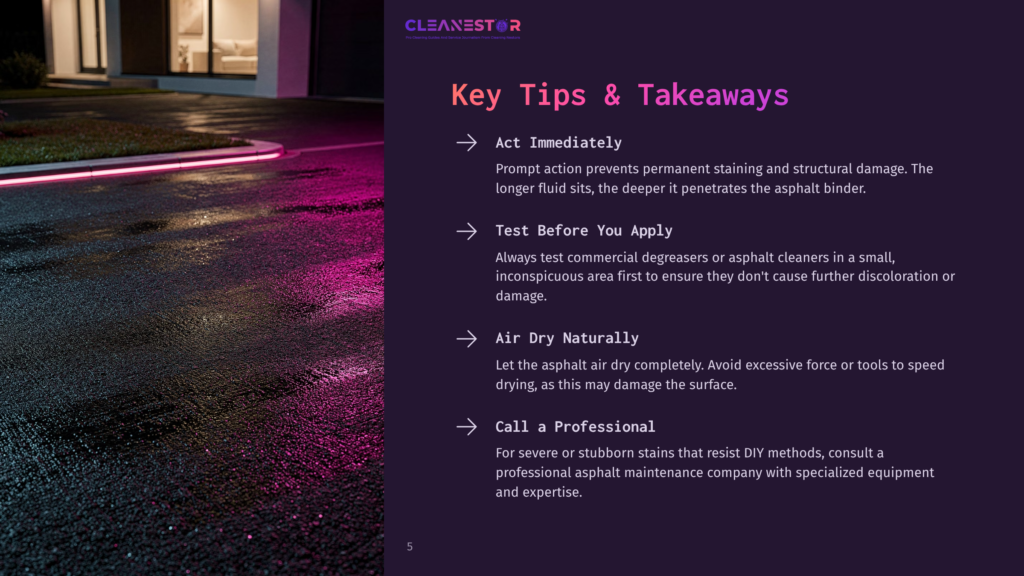A Wet Asphalt Driveway At Night, Illuminated By Vibrant Pink And Purple Lights, With The Cleanestor Logo And &Quot;Key Tips &Amp; Takeaways&Quot; Text Overlay.