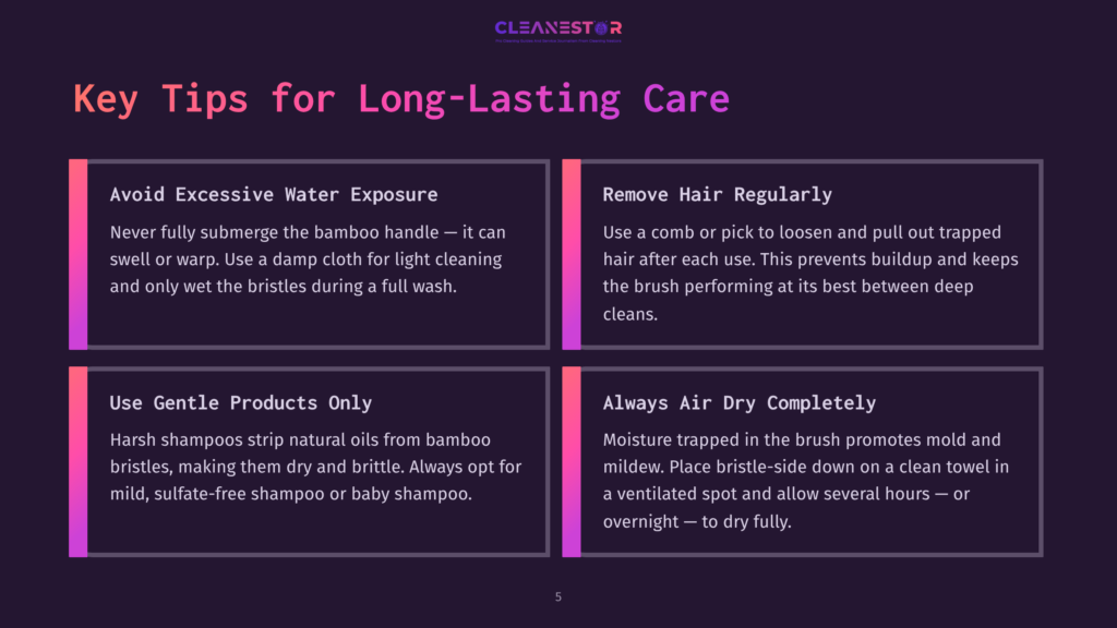Infographic Titled &Quot;Key Tips For Long-Lasting Care&Quot; With Four Sections: &Quot;Avoid Excessive Water Exposure,&Quot; &Quot;Remove Hair Regularly,&Quot; &Quot;Use Gentle Products Only,&Quot; And &Quot;Always Air Dry Completely,&Quot; Offering Advice For Brush Maintenance.