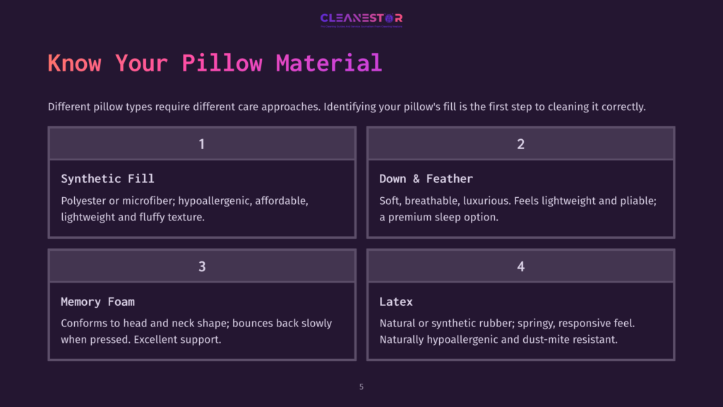 5 Know Your Pillow Material Infographic Titled &Quot;Know Your Pillow Material&Quot; Detailing Four Pillow Fill Types: Synthetic Fill, Down &Amp; Feather, Memory Foam, And Latex, With Descriptions And Care Tips.