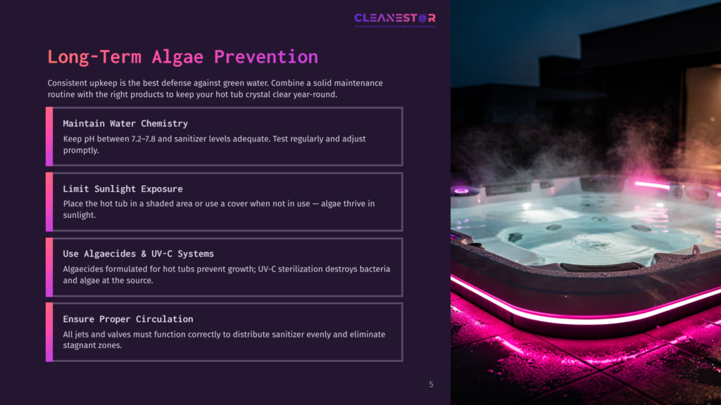 A Luxurious Hot Tub With Vibrant Pink Led Lighting Glows At Night, Steam Rising From The Water, With Text Overlays On The Left Discussing Long-Term Algae Prevention For Hot Tubs.