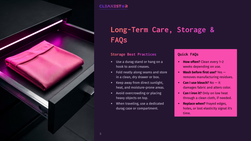 A Pink Durag Is Neatly Folded Inside An Open, Modern Drawer With A Purple Led Light. Text On The Right Reads &Quot;Cleanestor Long-Term Care, Storage &Amp; Faqs&Quot; And Lists Storage Best Practices And Quick Faqs.