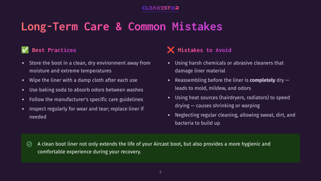 A Slide Titled &Quot;Long-Term Care &Amp; Common Mistakes&Quot; From Cleanestor, Detailing Best Practices Like Storing Boots In Dry Environments And Avoiding Harsh Cleaners, And Mistakes Like Using Heat Sources On Liners.