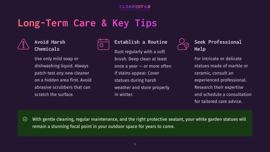 Infographic On Long-Term Care And Key Tips For White Garden Statues, Featuring Icons For Avoiding Harsh Chemicals, Routine Cleaning, And Seeking Professional Help. Text Highlights Gentle Cleaning And Sealant For Stunning Focal Points.