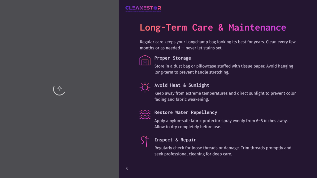 Long-Term Care &Amp; Maintenance For Longchamp Bags: Proper Storage, Avoiding Heat And Sunlight, Restoring Water Repellency, And Inspection/Repair Tips Are Detailed On A Dark Purple Background.