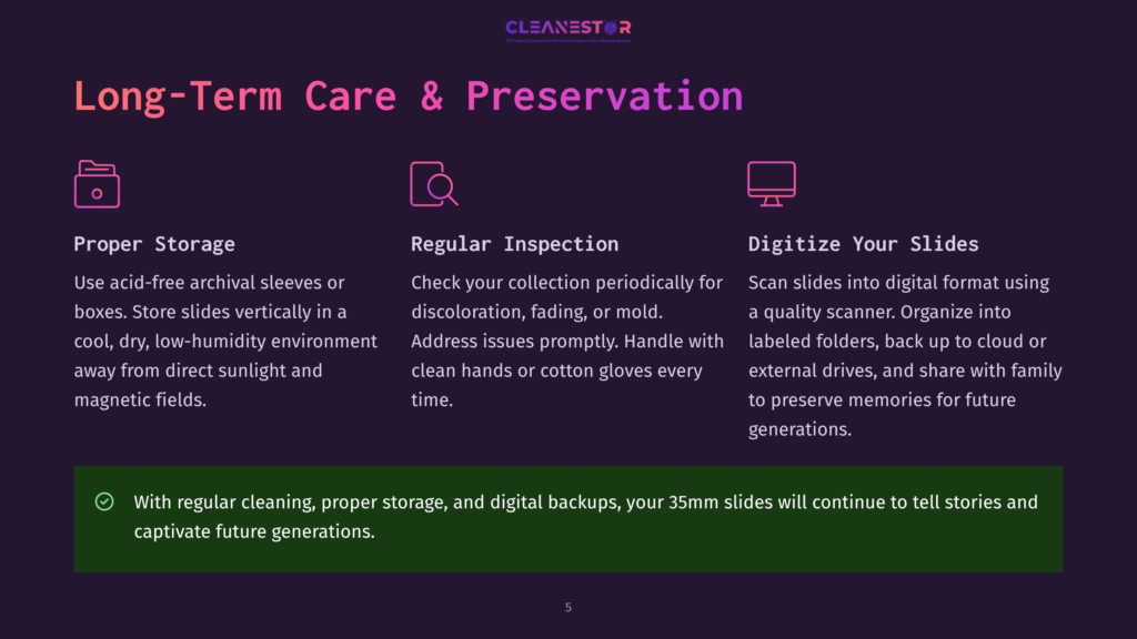 A Dark Purple Banner With A Heading That Reads &Quot;Long-Term Care &Amp; Preservation.&Quot; Below The Heading Are Three Icons: A File Folder For &Quot;Proper Storage,&Quot; A Magnifying Glass For &Quot;Regular Inspection,&Quot; And A Computer Monitor For &Quot;Digitize Your Slides.&Quot; Each Section Has A Brief Description Of Its Content.