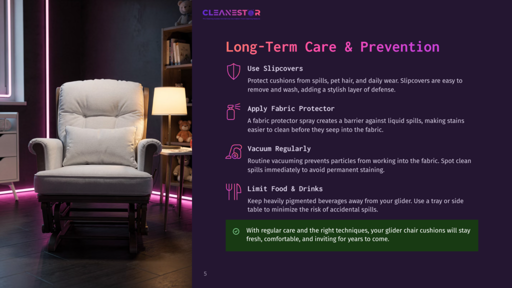 A Plush, Cream-Colored Glider Chair With A Matching Ottoman Sits In A Dimly Lit Room With Soft Pink Neon Lighting. Text On The Right Side Of The Image Offers Tips For Long-Term Care And Prevention Of Upholstery Damage, Including Slipcovers, Fabric Protectors, Vacuuming, And Limiting Food And Drinks.