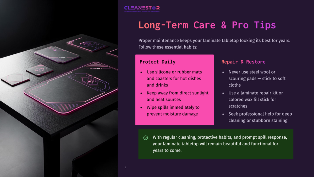 Cleanestor Logo And Text &Quot;Long-Term Care &Amp; Pro Tips&Quot; With Bullet Points On Protecting And Repairing Laminate Tabletops. The Image Also Shows A Dark Wood Table With Neon Pink Geometric Designs.