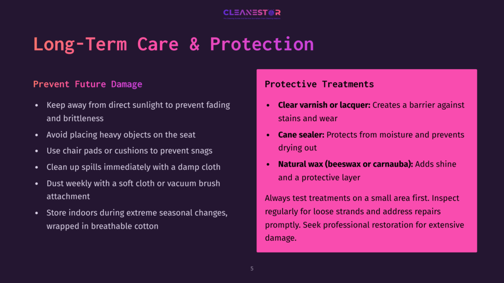 5 Long Term Care And Protection Presentation Slide Titled &Quot;Long-Term Care &Amp; Protection&Quot; With Bullet Points On Preventing Future Damage And Protective Treatments For Furniture, Including Clear Varnish, Cane Sealer, And Natural Wax.