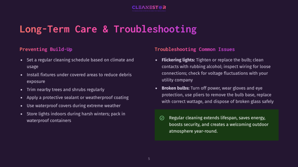 Cleanestor Logo With Text &Quot;Long-Term Care &Amp; Troubleshooting&Quot; And Bullet Points On Preventing Build-Up And Common Issues Like Flickering Lights And Broken Bulbs.