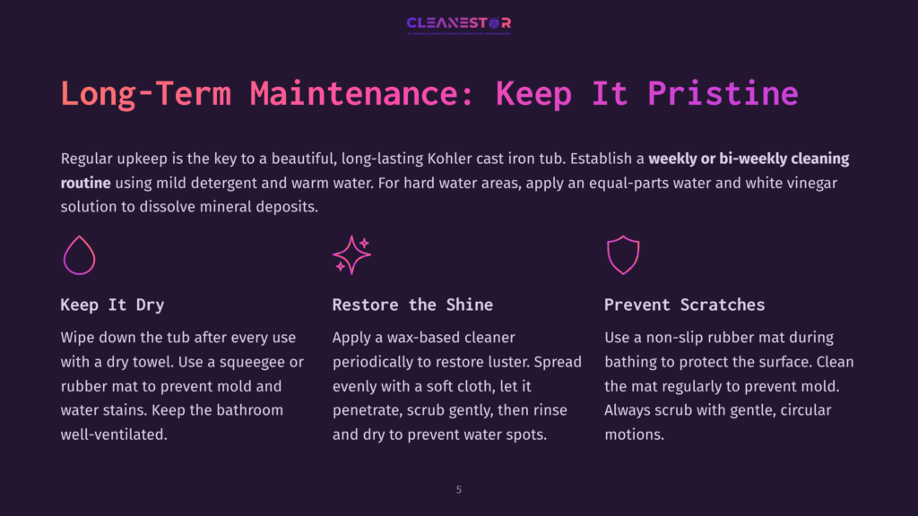 Cleanestor Logo With Text &Quot;Long-Term Maintenance: Keep It Pristine&Quot; And Three Icons Illustrating &Quot;Keep It Dry,&Quot; &Quot;Restore The Shine,&Quot; And &Quot;Prevent Scratches&Quot; For Kohler Cast Iron Tub Cleaning.