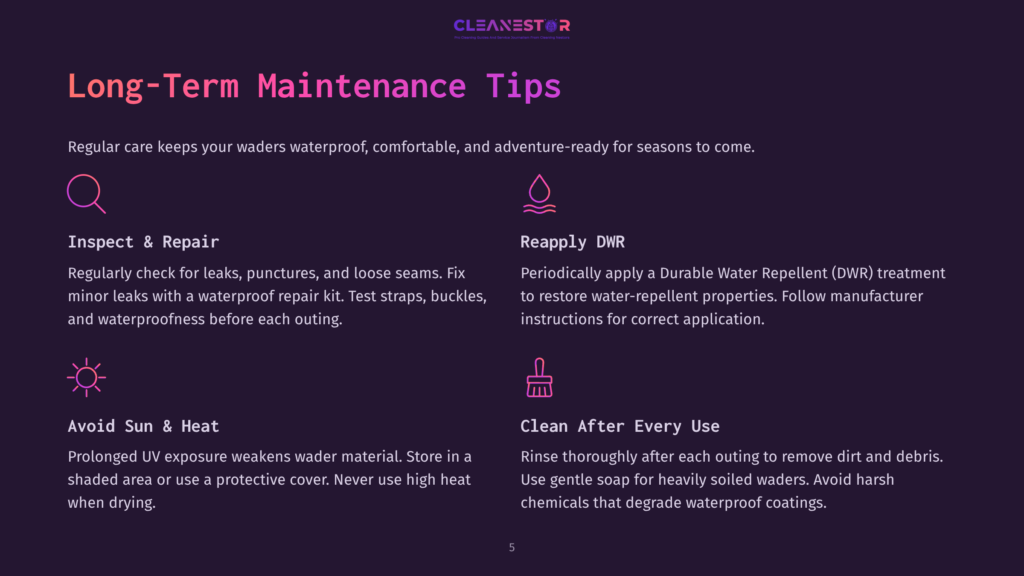 Cleanestor Graphic With Text: &Quot;Long-Term Maintenance Tips&Quot;. Sections Include &Quot;Inspect &Amp; Repair&Quot;, &Quot;Reapply Dwr&Quot;, &Quot;Avoid Sun &Amp; Heat&Quot;, And &Quot;Clean After Every Use&Quot;, With Icons For Each.