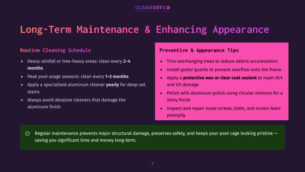 Cleanestor Logo And Text Detailing Long-Term Pool Maintenance And Appearance Enhancement Tips, Including Routine Cleaning Schedules And Preventative Measures.