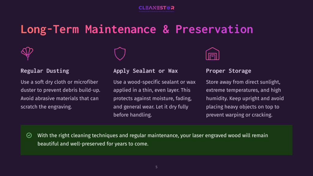 Infographic Detailing Long-Term Maintenance And Preservation For Laser-Engraved Wood, Covering Regular Dusting, Sealant Application, And Proper Storage With Icons For Each Section.