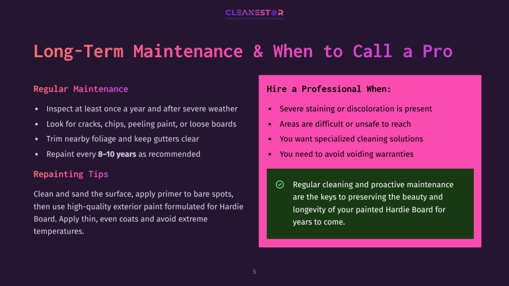 A Presentation Slide Titled &Quot;Long-Term Maintenance &Amp; When To Call A Pro&Quot; With Two Columns: &Quot;Regular Maintenance&Quot; And &Quot;Hire A Professional When.&Quot; The Left Column Lists Maintenance Tasks Like Inspecting, Checking For Cracks, Trimming Foliage, And Repainting. The Right Column Lists Reasons To Call A Pro, Such As Severe Staining, Difficult Areas, Specialized Cleaning Needs, And Avoiding Voiding Warranties. A Green Box Highlights Proactive Maintenance Benefits.
