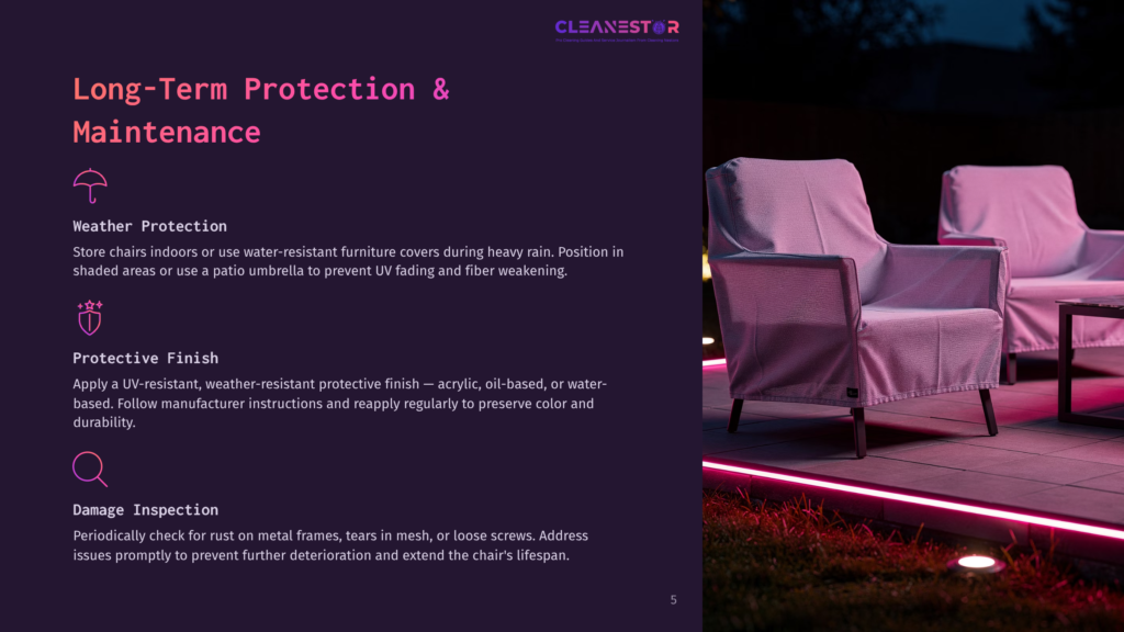 Cleanestor Logo And Text About Long-Term Protection &Amp; Maintenance For Outdoor Furniture, Featuring Weather Protection, Protective Finish, And Damage Inspection Tips. Outdoor Chairs Covered With Protective Fabric Are Visible.