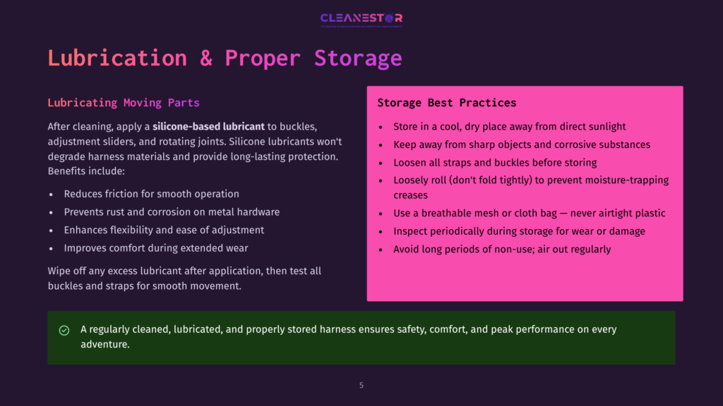 Dark Purple Slide With Text On Lubrication And Proper Storage For Moving Parts, Including Benefits Like Reduced Friction And Rust Prevention, And Storage Best Practices Such As Using A Breathable Mesh Bag.
