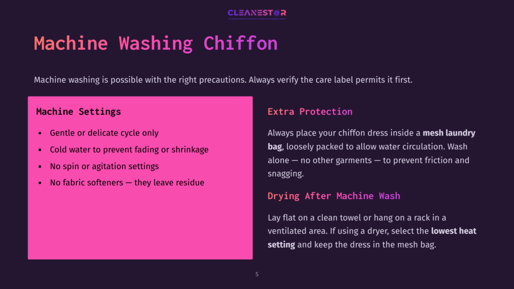 A Slide With The Cleanestor Logo And The Title &Quot;Machine Washing Chiffon.&Quot; It Details Machine Washing Settings Like Gentle Cycle, Cold Water, No Spin, And No Fabric Softeners, And Extra Protection Tips Including Using A Mesh Laundry Bag.