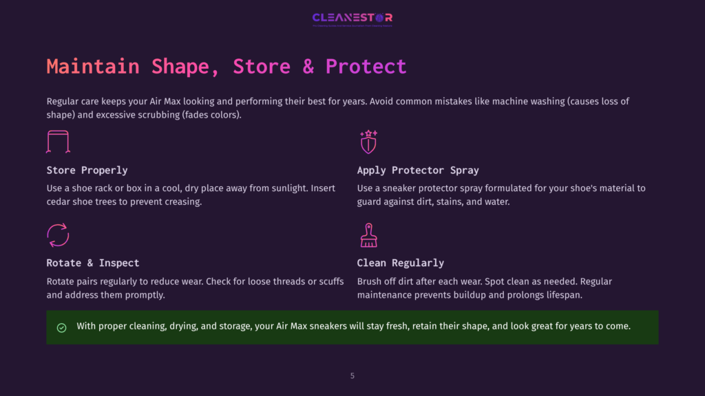 Infographic With Text: &Quot;Maintain Shape, Store &Amp; Protect.&Quot; Features Icons And Tips For Shoe Care: Store Properly, Apply Protector Spray, Rotate &Amp; Inspect, And Clean Regularly. Includes A Final Tip About Maintaining Shoe Shape.