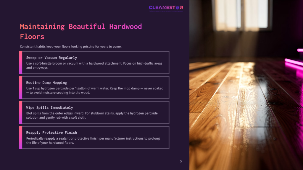 A Close-Up Of Polished Hardwood Floors, With A Focus On Their Rich Texture And Grain. A Purple And Pink Light Casts A Warm Glow, Highlighting The Beauty And Care Required For Maintaining Such Floors.
