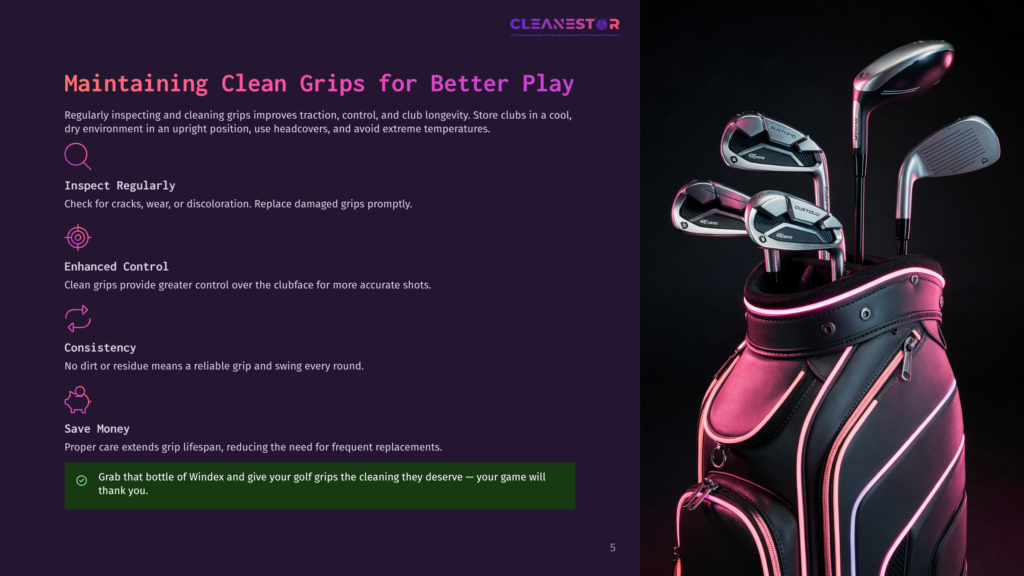 Golf Clubs In A Bag With Neon Pink Lighting, Featuring The Text &Quot;Cleanestor&Quot; And &Quot;Maintaining Clean Grips For Better Play.