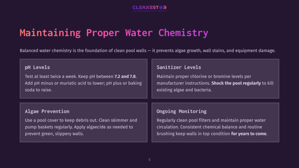 Infographic Titled &Quot;Maintaining Proper Water Chemistry&Quot; With Sections On Ph Levels, Sanitizer Levels, Algae Prevention, And Ongoing Monitoring, Detailing Pool Care Best Practices.