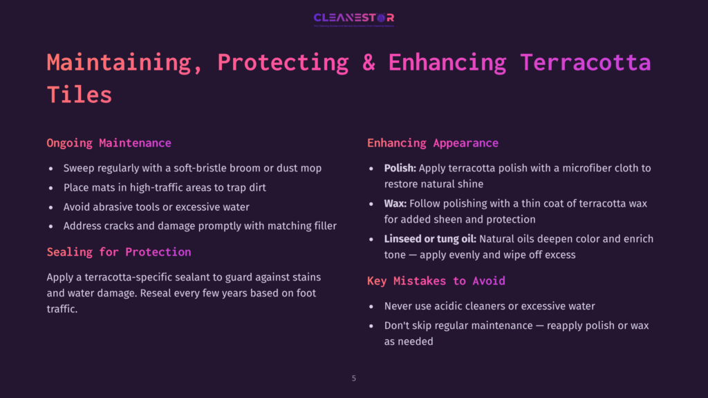 5 Maintaining Protecting And Enhancing Terracotta Tiles Text Overlay On A Dark Purple Background: &Quot;Maintaining, Protecting &Amp; Enhancing Terracotta Tiles&Quot; With Sections On &Quot;Ongoing Maintenance&Quot; And &Quot;Enhancing Appearance&Quot; With Bulleted Lists.