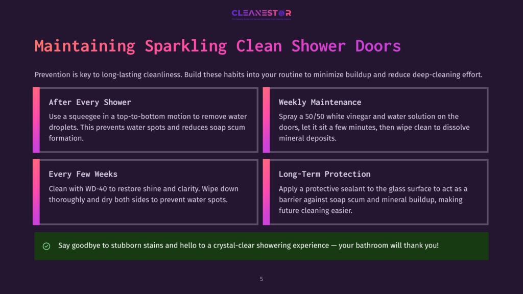 Infographic Titled &Quot;Maintaining Sparkling Clean Shower Doors&Quot; With Tips For After Every Shower, Weekly Maintenance, Every Few Weeks, And Long-Term Protection, Plus A Concluding Message About A Crystal-Clear Showering Experience.