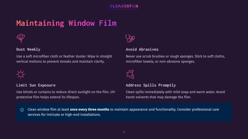 5 Maintaining Window Film A Guide On Maintaining Window Film, Featuring Icons For Dusting, Avoiding Abrasives, Limiting Sun Exposure, And Addressing Spills. The Text Emphasizes Using Soft Microfiber Cloths, Avoiding Harsh Solvents, And Considering Professional Care For Intricate Installations.