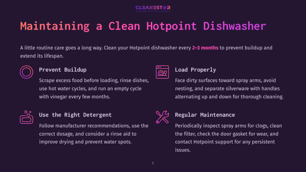 Infographic Titled &Quot;Maintaining A Clean Hotpoint Dishwasher&Quot; With Tips On Preventing Buildup, Loading Properly, Using The Right Detergent, And Regular Maintenance. Cleanestor Logo At The Top.