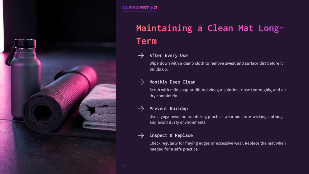 A Black Yoga Mat Is Rolled Up Next To A Gray Towel And A Black Water Bottle, Illuminated By Pink Light. The Image Includes Text: &Quot;Cleanestor&Quot; And &Quot;Maintaining A Clean Mat Long-Term&Quot;.