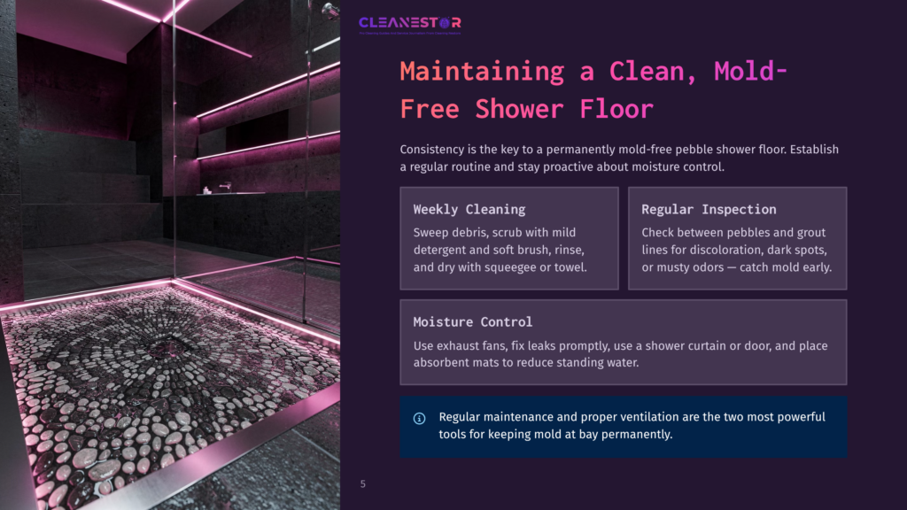 A Modern, Luxurious Pebble Shower Floor With A Intricate Circular Mosaic Pattern, Illuminated By Soft Pink Led Lighting. The Dark, Reflective Walls And Sleek Glass Enclosure Create A Spa-Like Atmosphere.