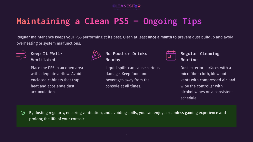Infographic Titled &Quot;Maintaining A Clean Ps5 – Ongoing Tips&Quot; With Icons And Text For Keeping The Ps5 Well-Ventilated, Avoiding Food And Drinks Nearby, And Regular Cleaning Routine.