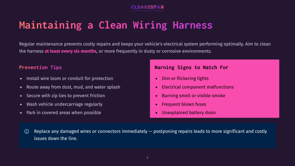 A Dark Purple Slide Titled &Quot;Maintaining A Clean Wiring Harness&Quot; Lists Tips For Vehicle Maintenance, Including &Quot;Install Wire Loom Or Conduit&Quot; And &Quot;Route Away From Dust,&Quot; And &Quot;Warning Signs To Watch For&Quot; Like &Quot;Dim Or Flickering Lights.