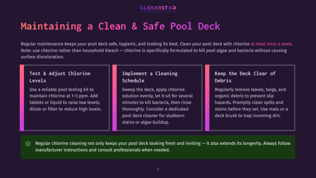 Maintaining A Clean &Amp; Safe Pool Deck: Learn How To Test And Adjust Chlorine Levels, Implement Cleaning Schedules, And Keep The Deck Clear Of Debris For A Safe And Hygienic Pool Area.
