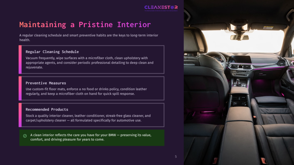 Interior Of A Modern Bmw With Ambient Purple Lighting, Showing The Dashboard, Center Console, And Plush Leather Seats. Text Overlay Reads &Quot;Cleanestor&Quot; And &Quot;Maintaining A Pristine Interior.