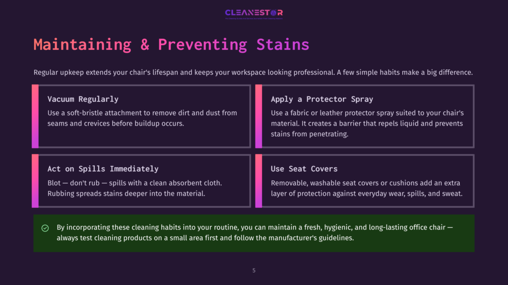 Maintaining &Amp; Preventing Stains&Quot; Guide With Four Tips: Vacuum Regularly, Apply A Protector Spray, Act On Spills Immediately, And Use Seat Covers. A Clean Workspace Enhances Professionalism And Chair Longevity.