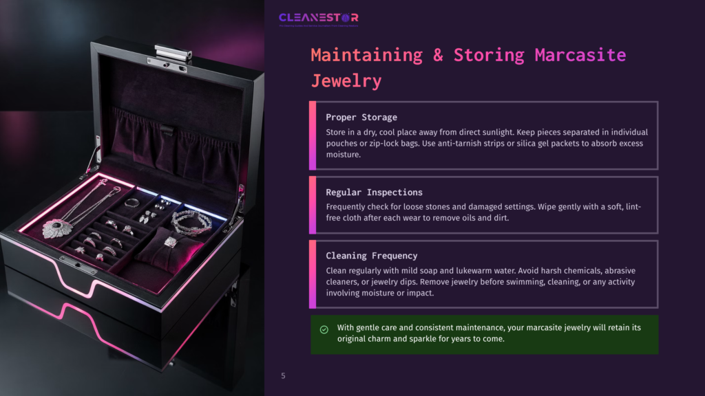 5 Maintaining And Storing Marcasite Jewelry A Luxurious Black Jewelry Box With Glowing Pink And Blue Interior Lights, Showcasing A Collection Of Necklaces, Rings, And Earrings, With Text Overlay &Quot;Cleanestor Maintaining &Amp; Storing Marcasite Jewelry&Quot;.
