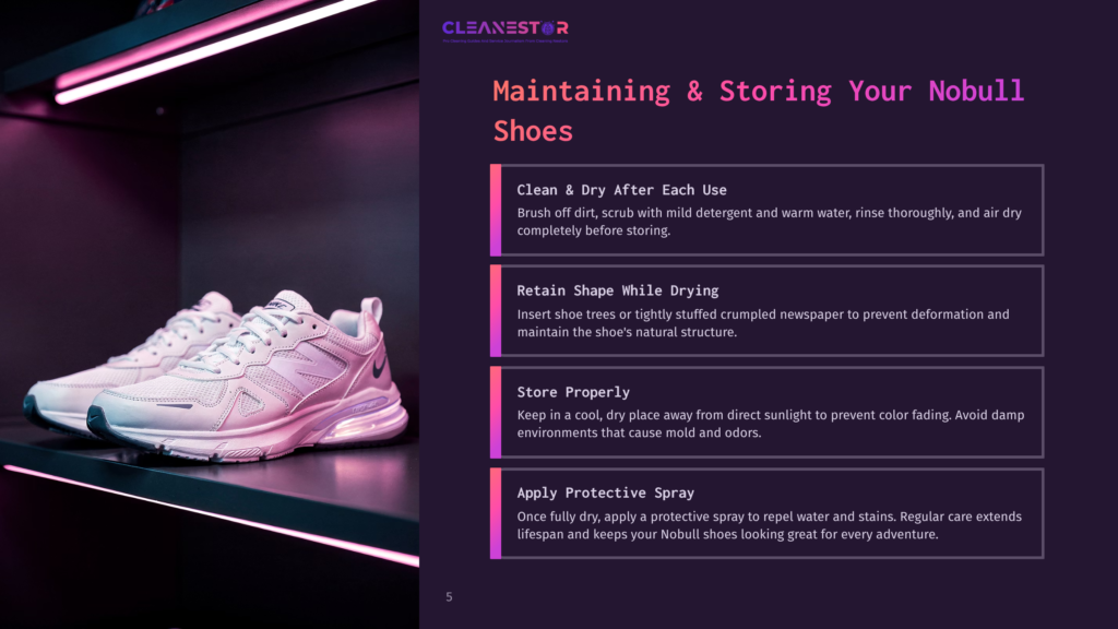Cleanestor Guide On Maintaining And Storing Nobull Shoes. White And Grey Nobull Athletic Shoes Rest On A Dark Shelf, With The Text &Quot;Maintaining &Amp; Storing Your Nobull Shoes&Quot; And Care Instructions Visible.