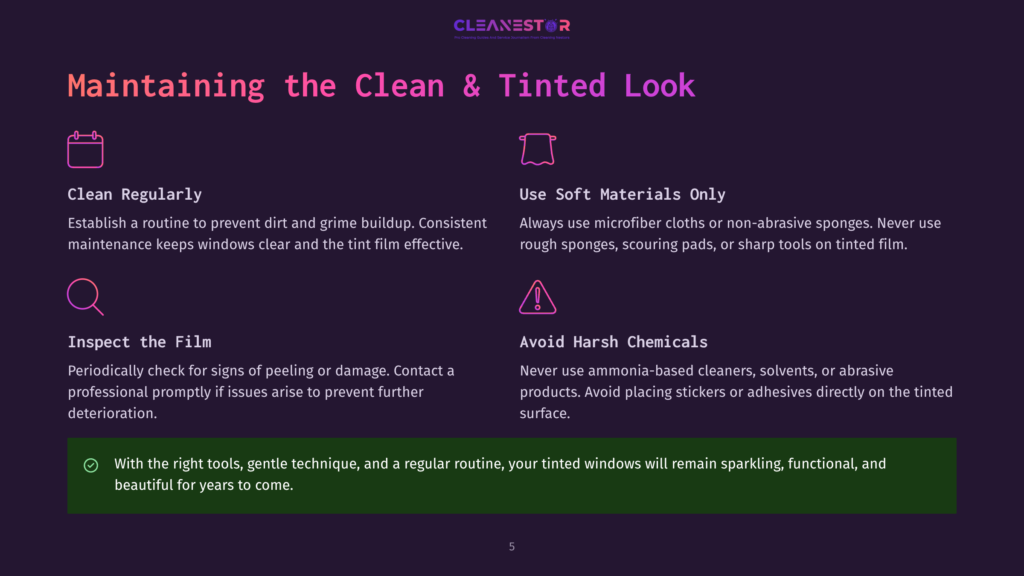 Infographic Detailing How To Maintain Clean And Tinted Car Windows. Sections Include &Quot;Clean Regularly,&Quot; &Quot;Inspect The Film,&Quot; &Quot;Use Soft Materials Only,&Quot; And &Quot;Avoid Harsh Chemicals,&Quot; With Accompanying Icons.